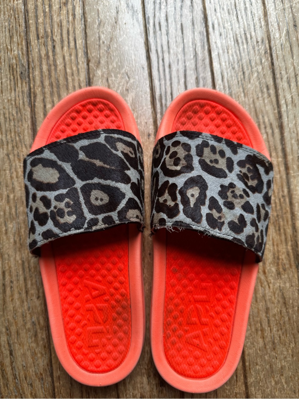 APL Women’s Slide Sandals in Neon Coral with Leopard Print Strap
